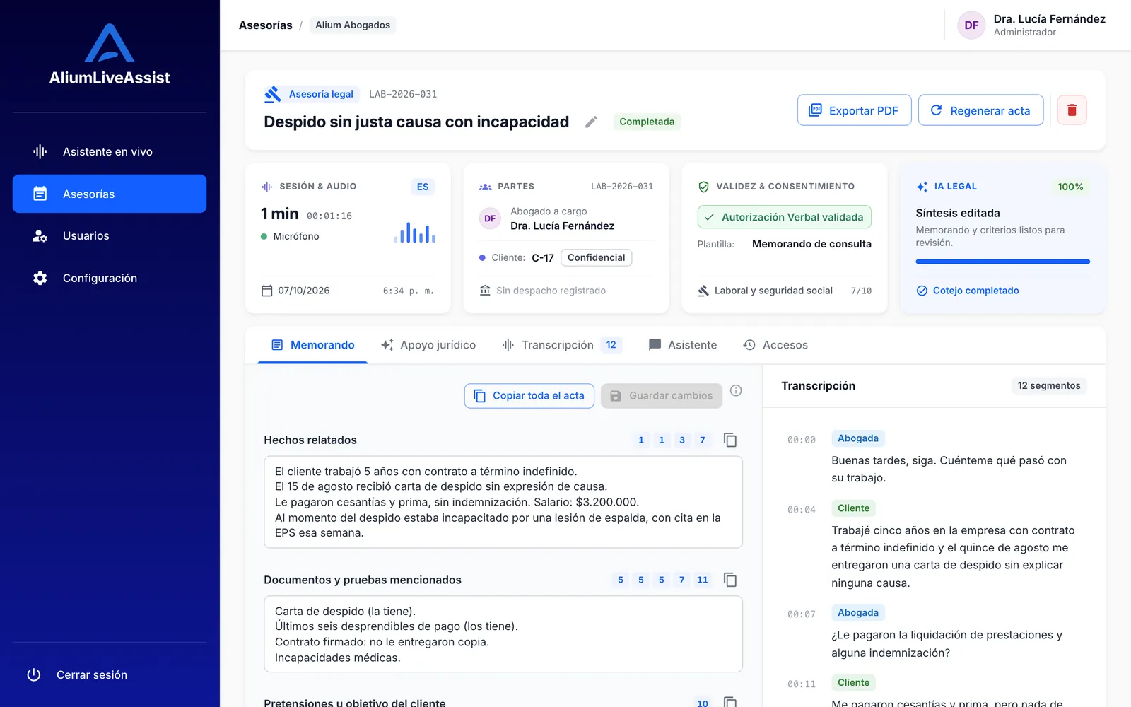 Acta de asesoría legal generada por Alium LiveAssist