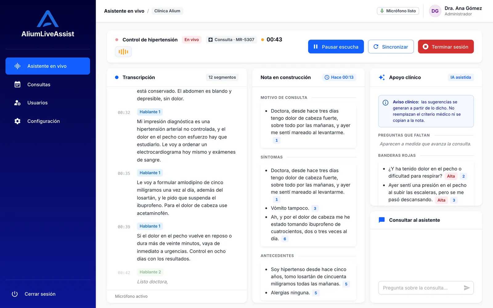 Consulta médica transcrita en vivo con notas automáticas en Alium LiveAssist