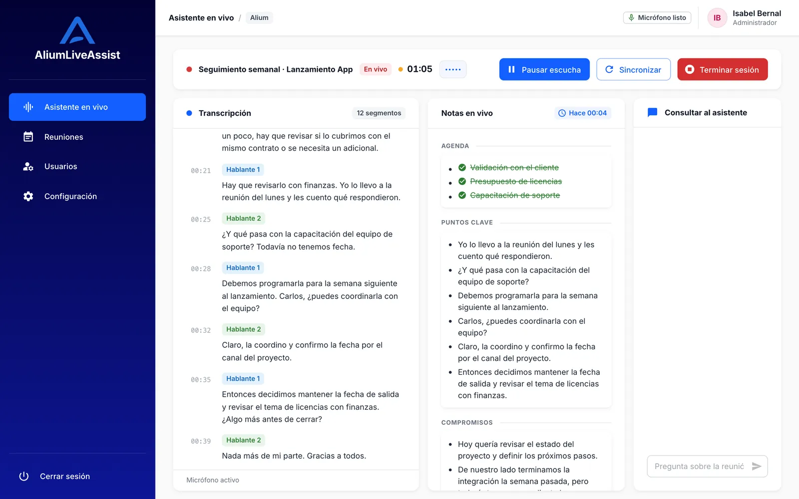 Reunión de trabajo con transcripción y notas en vivo en Alium LiveAssist